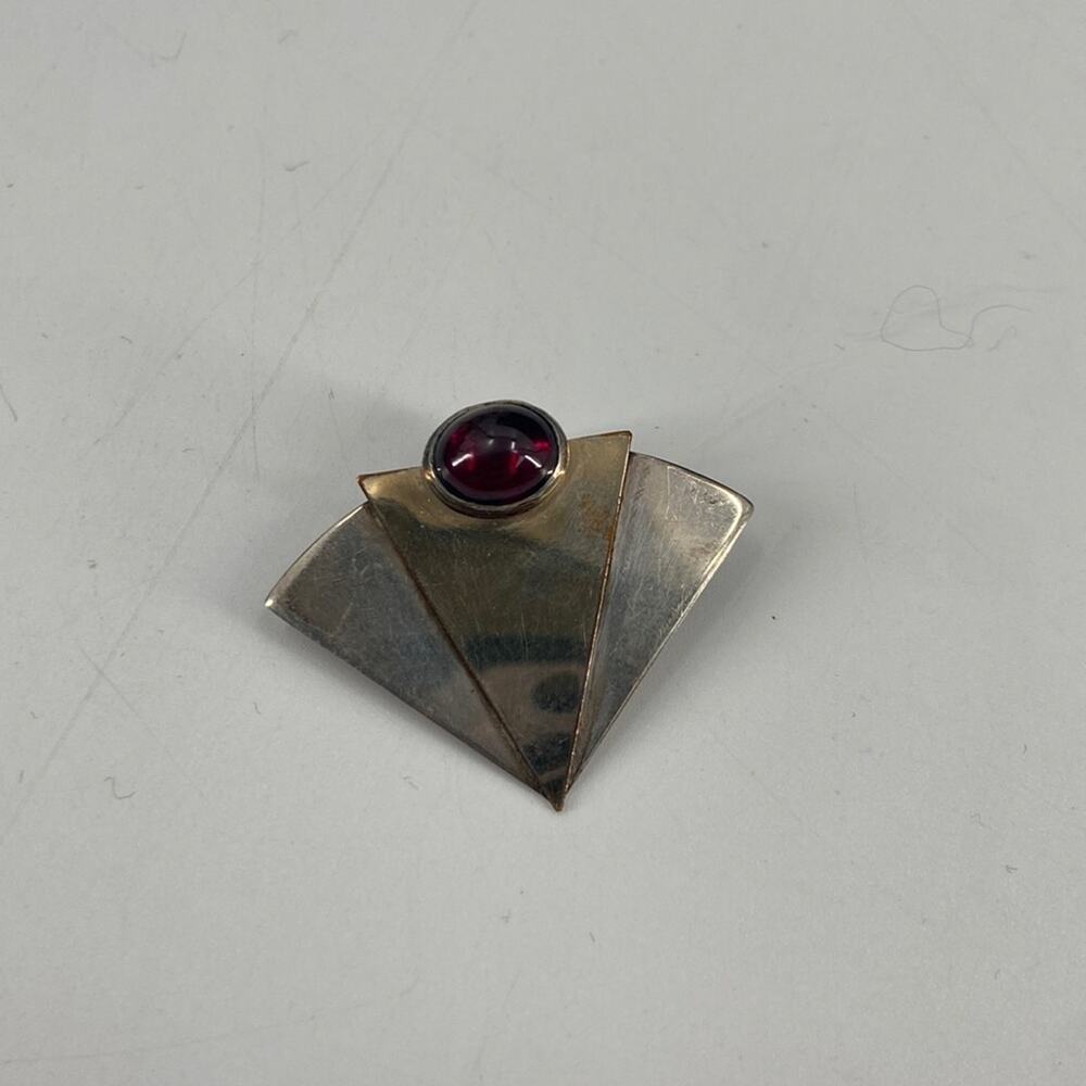 Vintage garnet gold filled/ sterling silver geometric art deco style brooch
